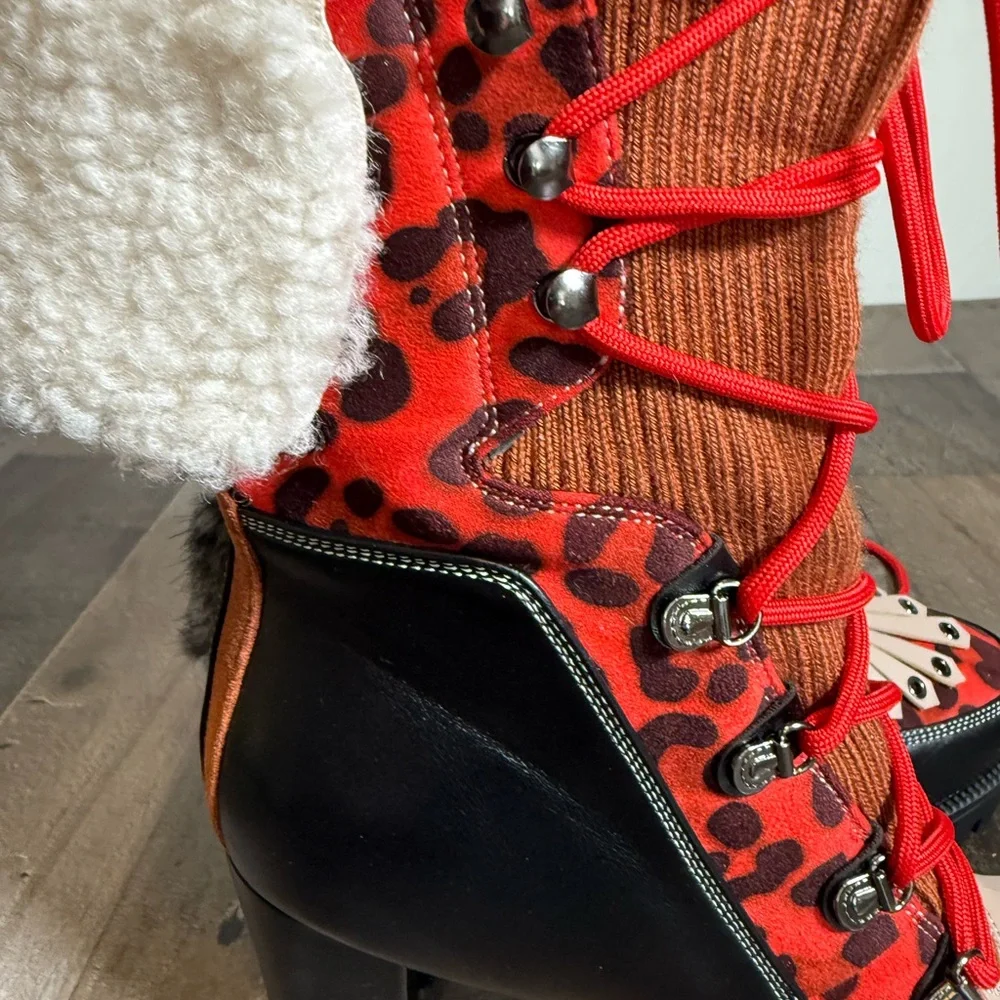 Azalea Wang Trigger Multi Colorblocked Leopard Lace Up Platform Heel Fur Trim 11 - Picture 2 of 9